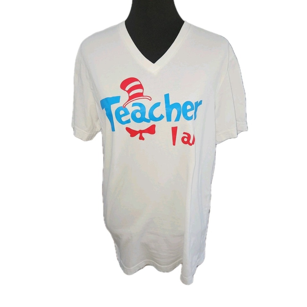 "Teacher I Am" Dr. Seuss Cat In The Hat Funny White T-Shirt Sz Large